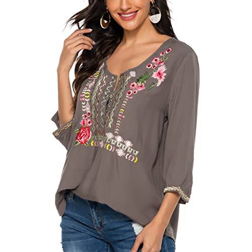 トップス ORGUE Flower embroidery blouse Lace Trim Floral Embroidery Blouse: Womens Casual V-Neck 3/4